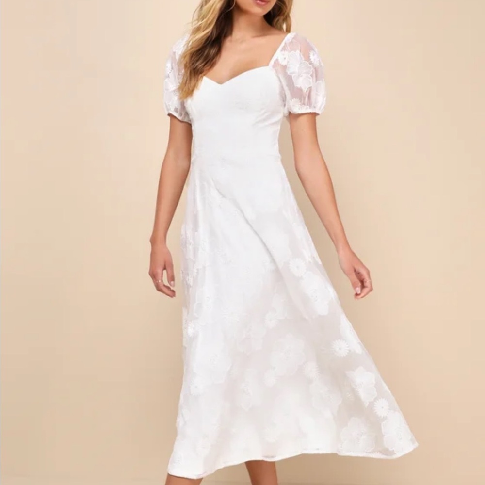 Lulus Sweetest Behavior White Embroidered Puff Sleeve Midi Dress - Small
